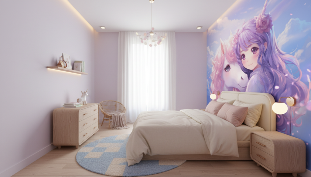 Papier Peint Anime Licorne Rose et Fille aux Cheveux Violets - Chambre enfant