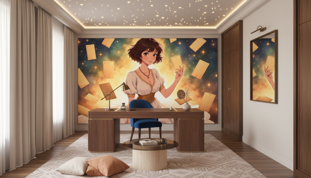 Papier Peint Anime Magique Jeune Femme aux Cartes Volantes - Bureau