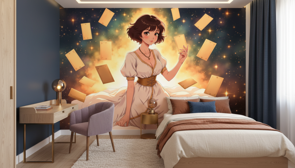 Papier Peint Anime Magique Jeune Femme aux Cartes Volantes - Chambre ado