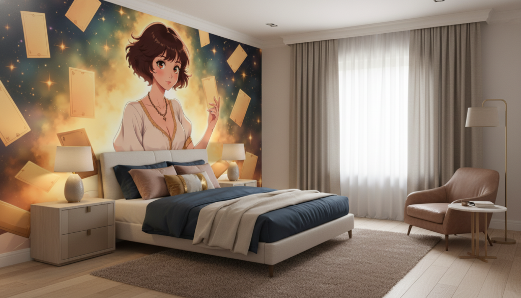 Papier Peint Anime Magique Jeune Femme aux Cartes Volantes - Chambre adulte