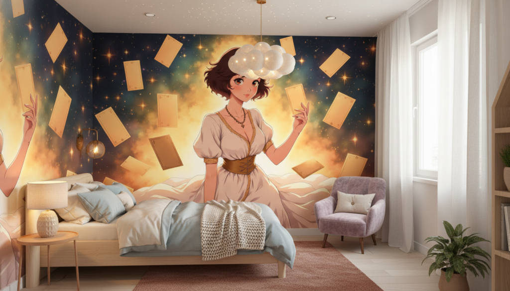 Papier Peint Anime Magique Jeune Femme aux Cartes Volantes - Chambre enfant