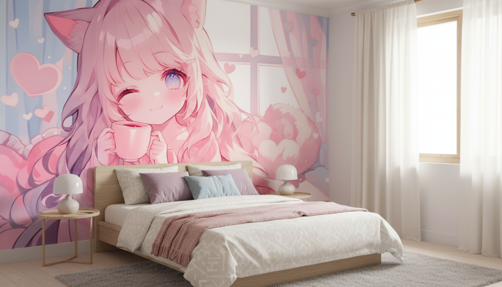 Papier peint anime romantique fille aux oreilles de chat rose - Chambre ado