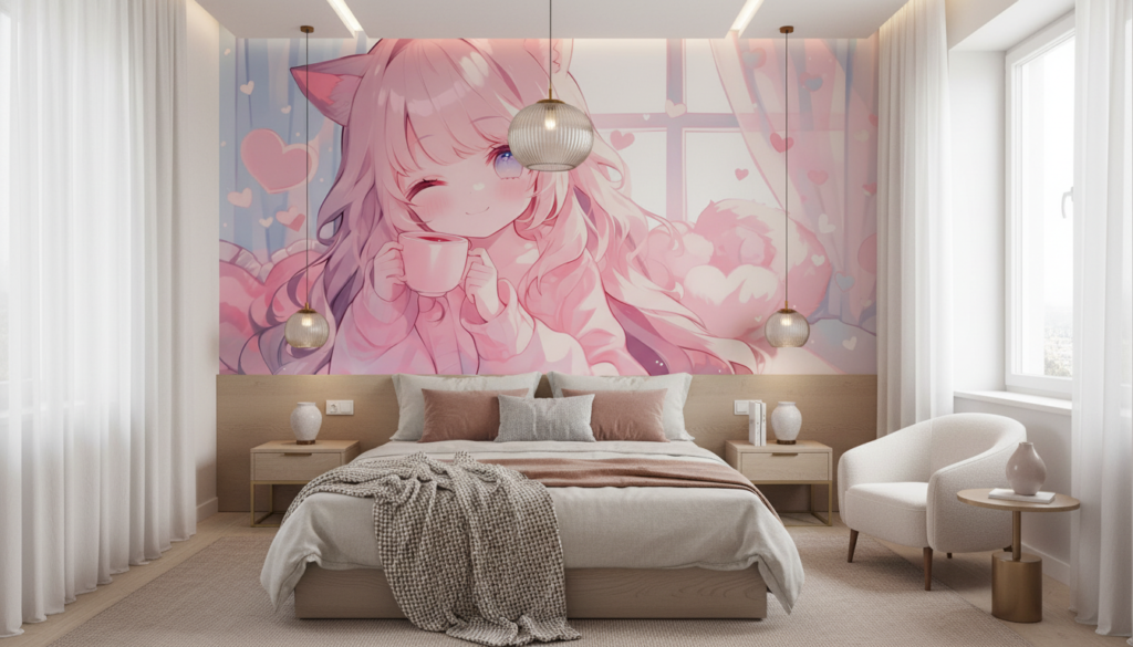 Papier peint anime romantique fille aux oreilles de chat rose - Chambre adulte