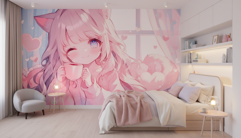 Papier peint anime romantique fille aux oreilles de chat rose - Chambre enfant