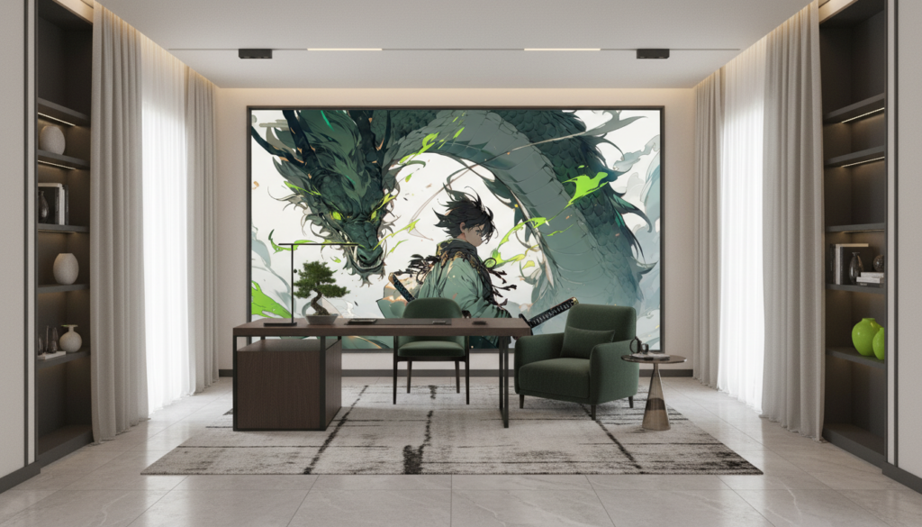 Papier peint anime samouraï et dragon vert mystique épique - Bureau