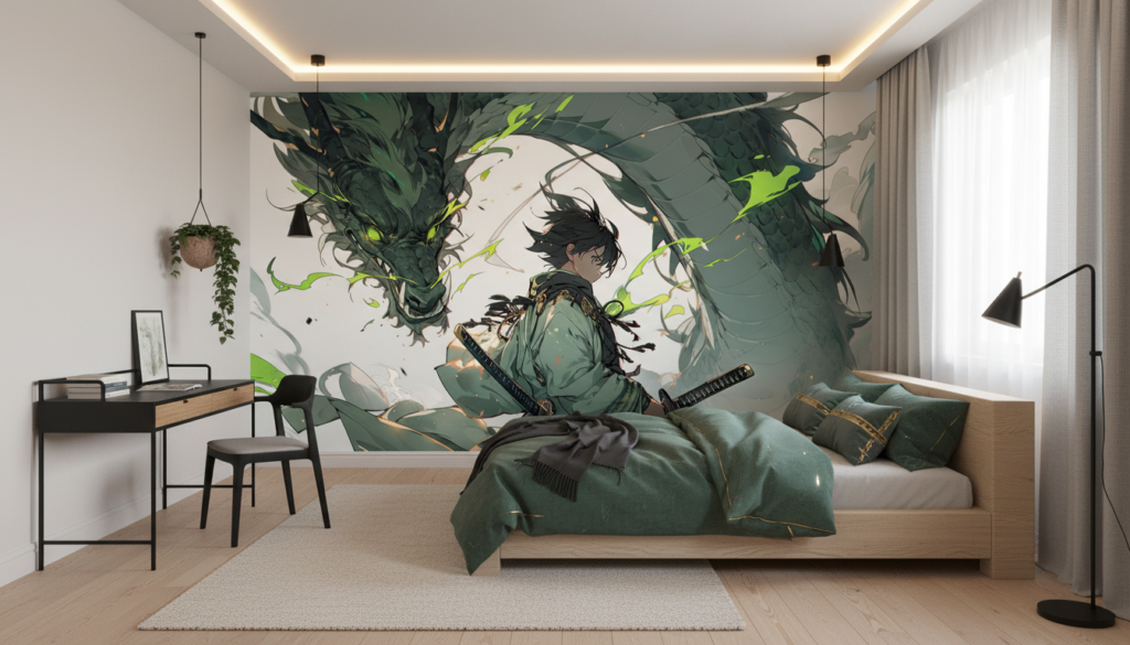 Papier peint anime samouraï et dragon vert mystique épique - Chambre ado
