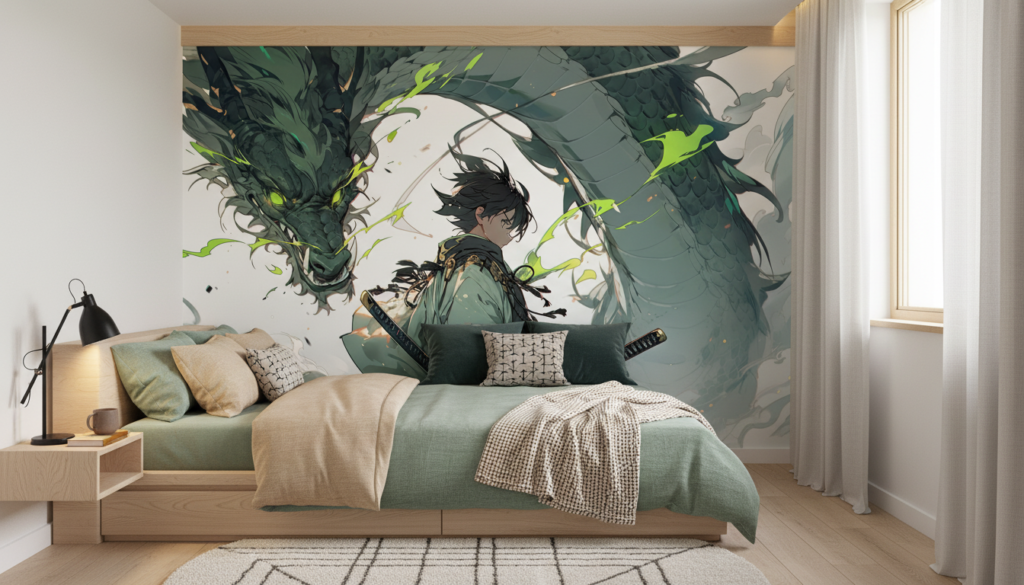 Papier peint anime samouraï et dragon vert mystique épique - Chambre enfant