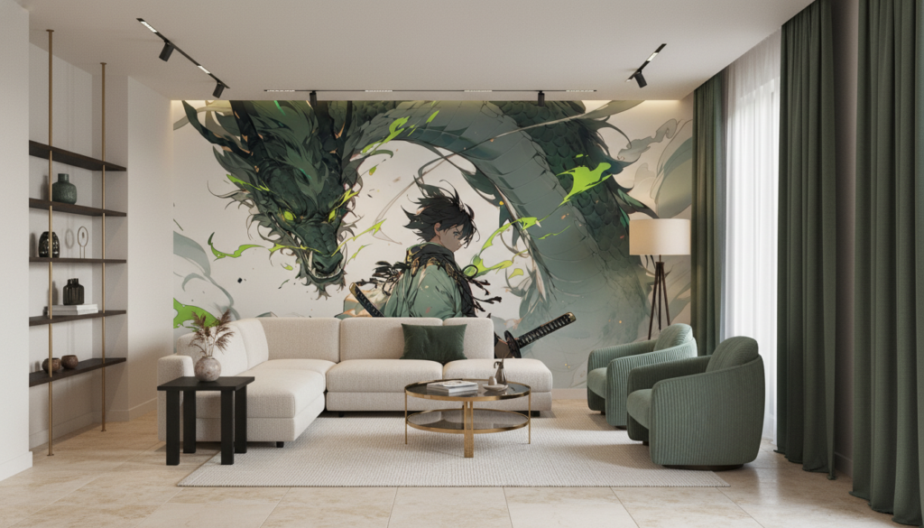 Papier peint anime samouraï et dragon vert mystique épique - Salon / Séjour
