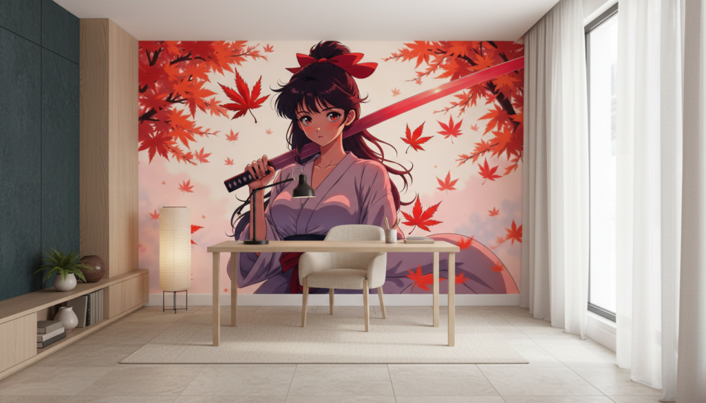 Papier Peint Anime Samouraï Feuilles d'Érable Rouge Automne Japonais - Bureau