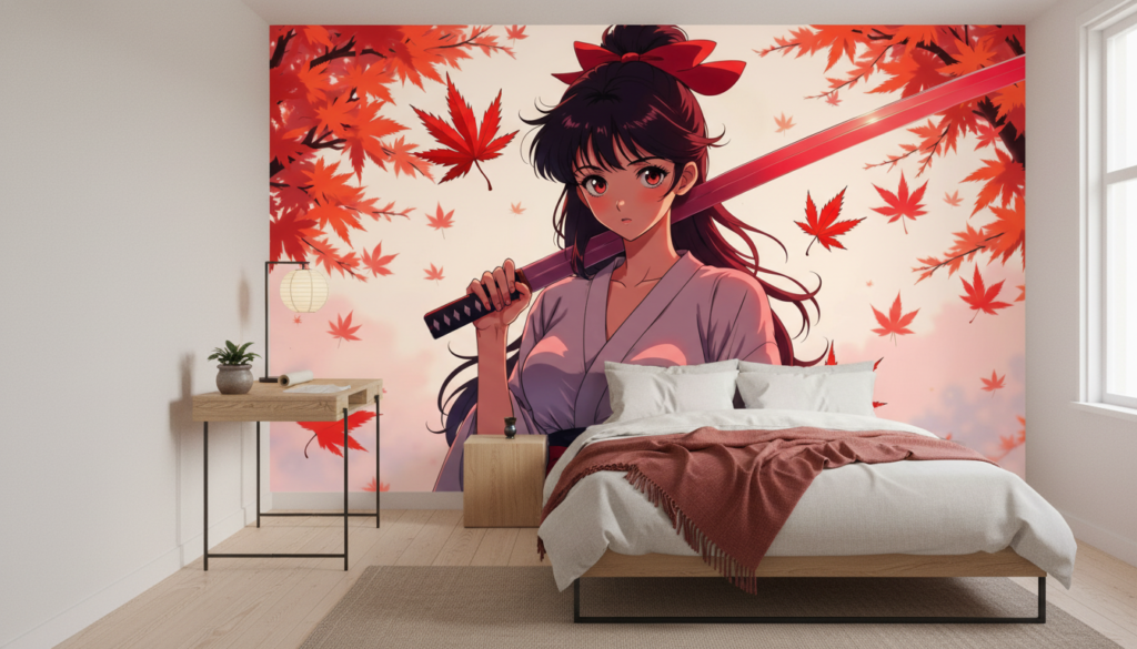 Papier Peint Anime Samouraï Feuilles d'Érable Rouge Automne Japonais - Chambre ado