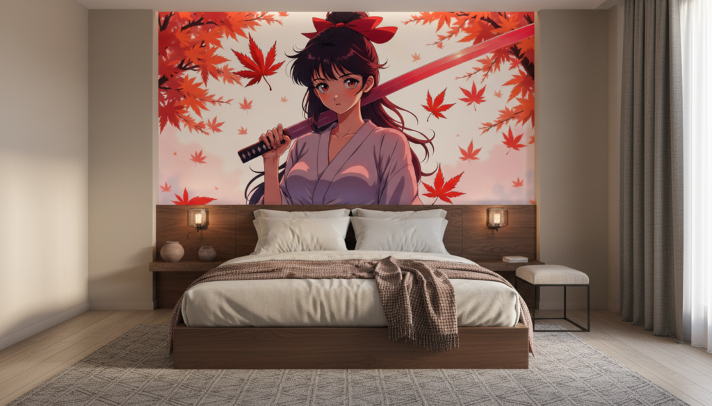 Papier Peint Anime Samouraï Feuilles d'Érable Rouge Automne Japonais - Chambre adulte
