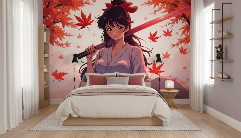 Papier Peint Anime Samouraï Feuilles d'Érable Rouge Automne Japonais - Chambre enfant