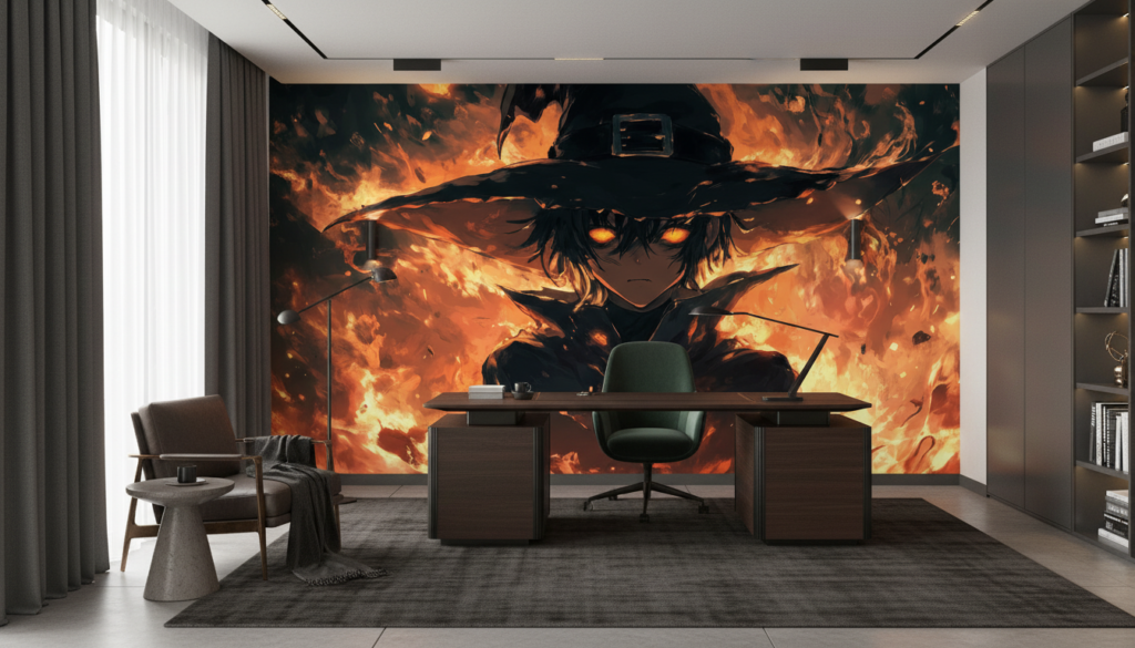 Papier peint anime sorcier mystique flammes oranges ambiance gothique dark - Bureau