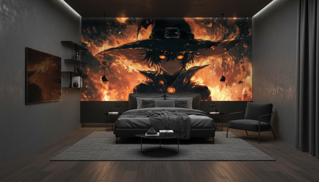 Papier peint anime sorcier mystique flammes oranges ambiance gothique dark - Chambre ado