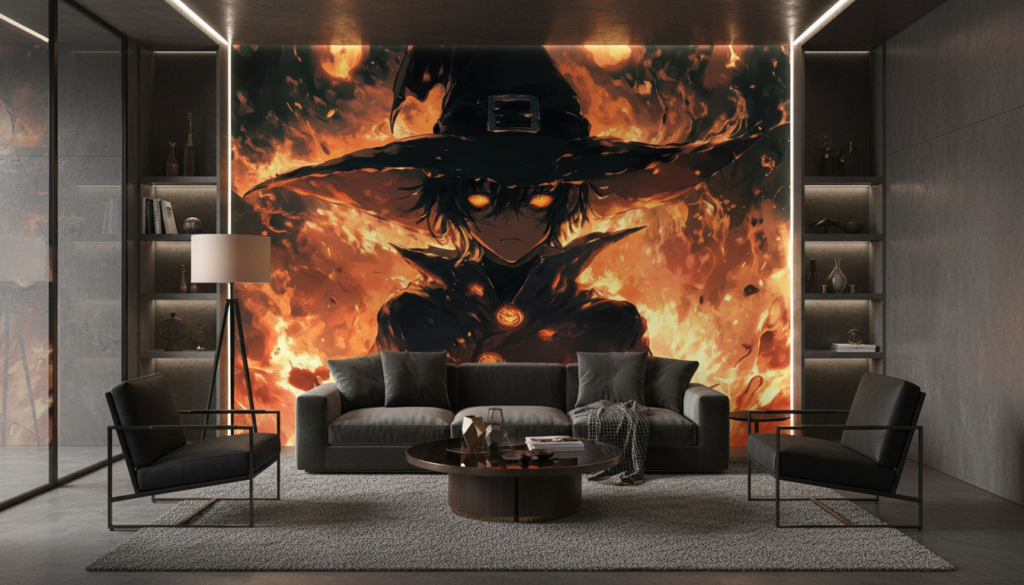 Papier peint anime sorcier mystique flammes oranges ambiance gothique dark - Salon / Séjour