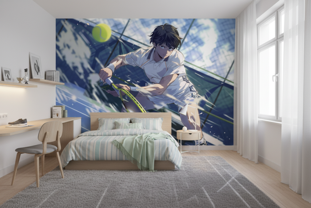 Papier peint anime tennis champion court dynamique sport moderne - Chambre enfant