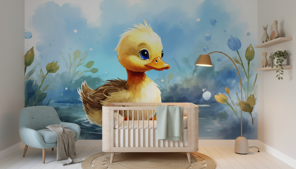 Papier peint aquarelle caneton mignon dans son étang fleuri - Chambre bébé