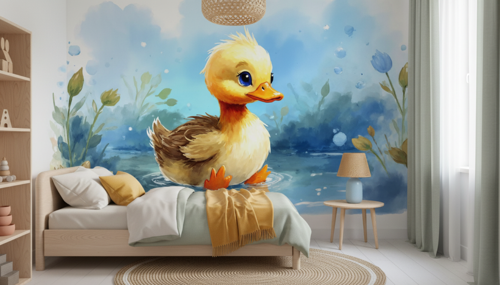 Papier peint aquarelle caneton mignon dans son étang fleuri - Chambre enfant