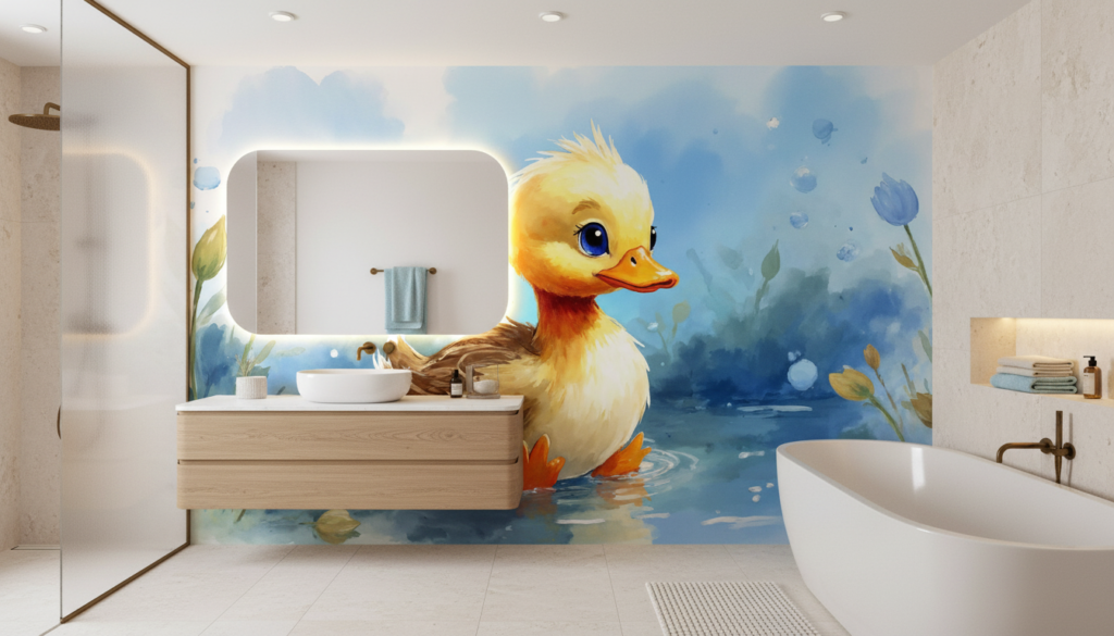 Papier peint aquarelle caneton mignon dans son étang fleuri - Salle de bain