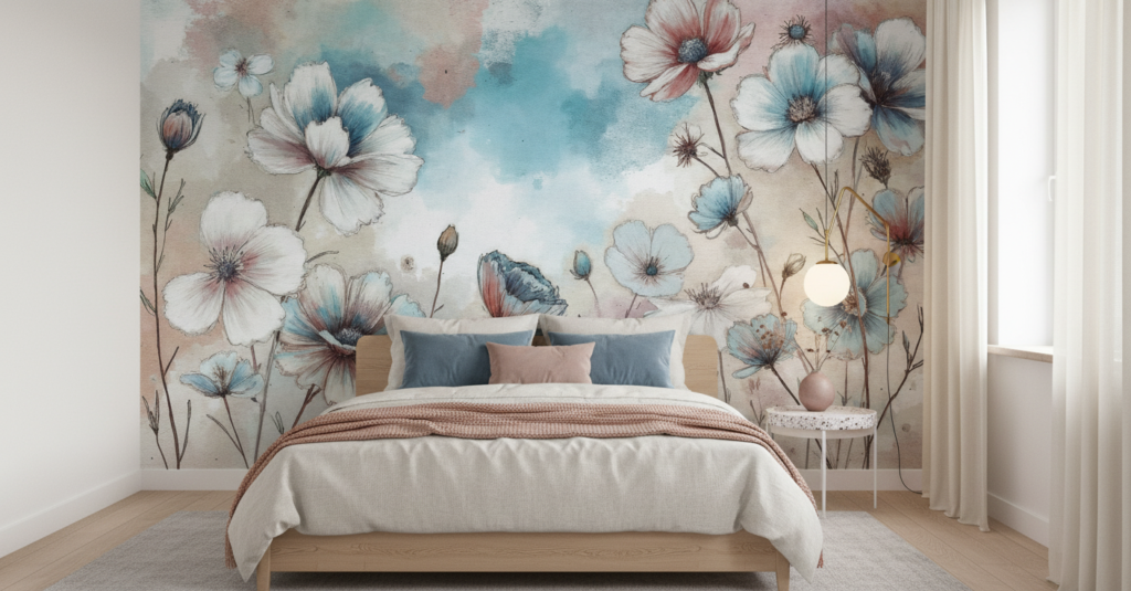Papier peint aquarelle cosmos et papillon tons pastel bleu rose - Chambre ado