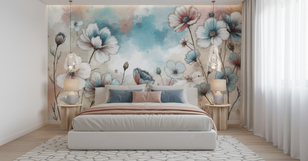 Papier peint aquarelle cosmos et papillon tons pastel bleu rose - Chambre adulte