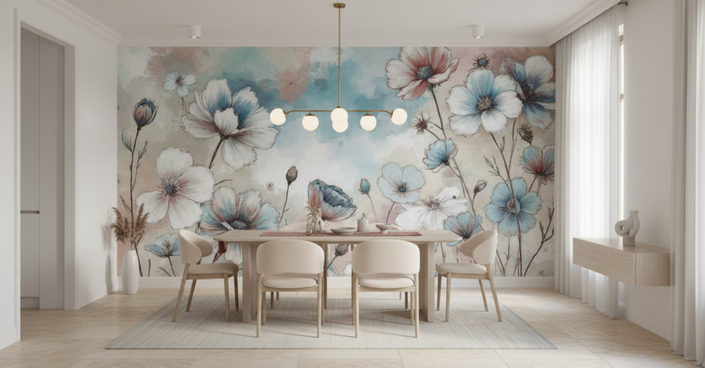 Papier peint aquarelle cosmos et papillon tons pastel bleu rose - Salle à manger