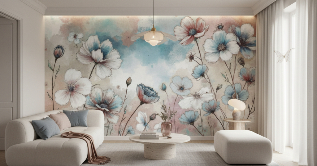 Papier peint aquarelle cosmos et papillon tons pastel bleu rose - Salon / Séjour