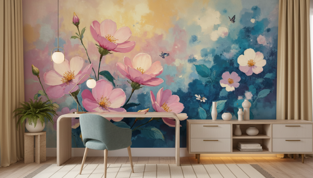 Papier peint aquarelle cosmos roses et papillons sur fond bleu nuageux - Bureau