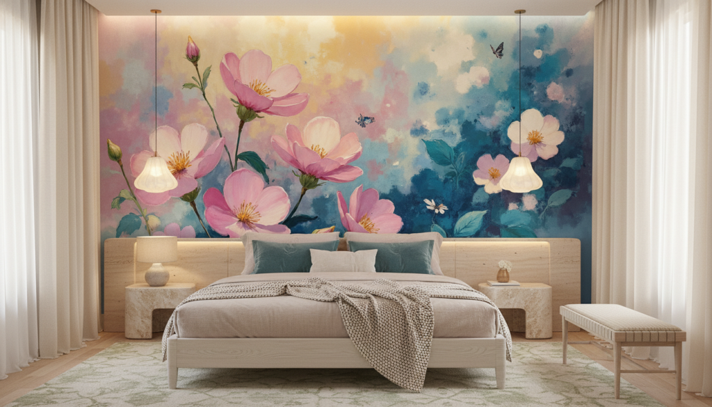 Papier peint aquarelle cosmos roses et papillons sur fond bleu nuageux - Chambre adulte