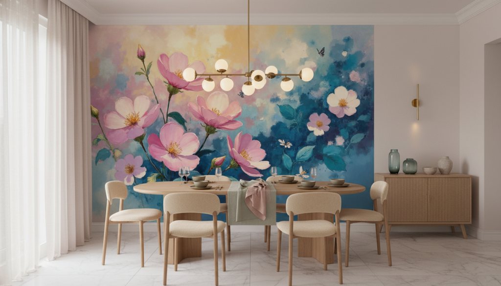 Papier peint aquarelle cosmos roses et papillons sur fond bleu nuageux - Salle à manger