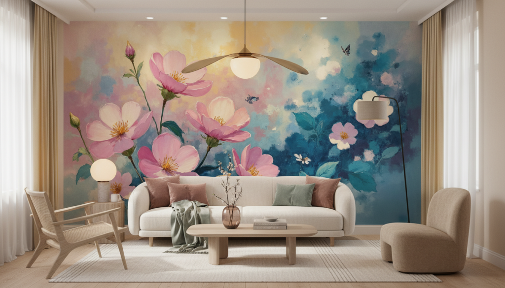 Papier peint aquarelle cosmos roses et papillons sur fond bleu nuageux - Salon / Séjour