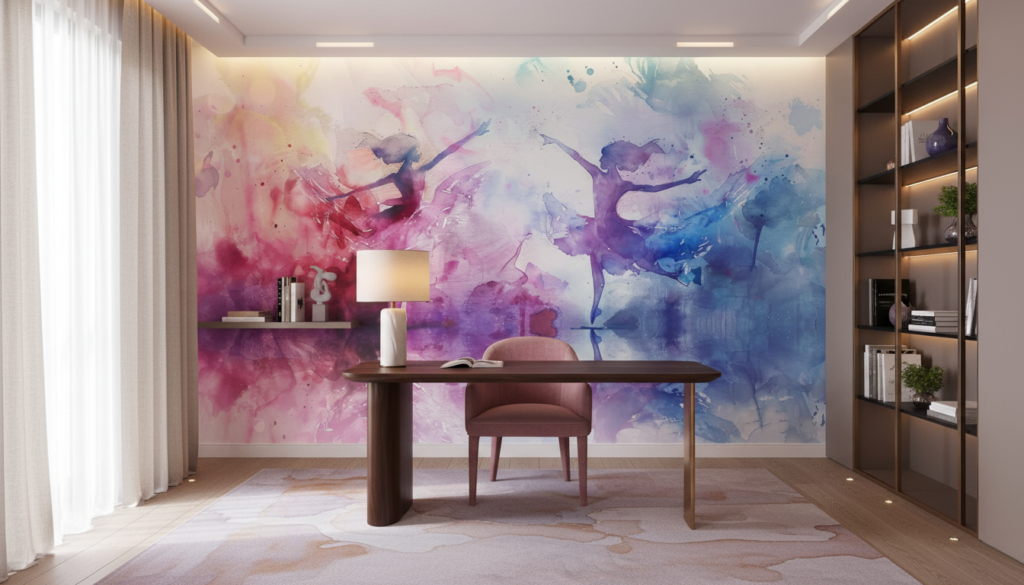 Papier Peint Aquarelle Danseurs Abstraits Rose Violet Bleu - Bureau