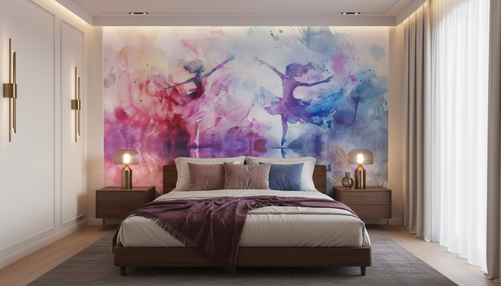 Papier Peint Aquarelle Danseurs Abstraits Rose Violet Bleu - Chambre adulte