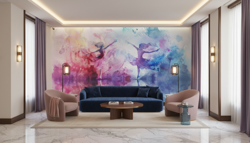 Papier Peint Aquarelle Danseurs Abstraits Rose Violet Bleu - Hôtel