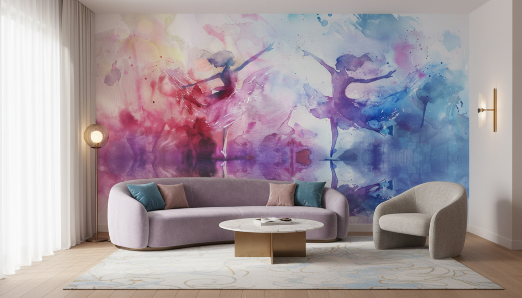 Papier Peint Aquarelle Danseurs Abstraits Rose Violet Bleu - Salon / Séjour