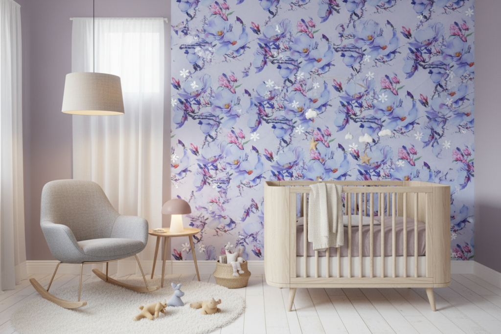 Papier peint aquarelle dragons fantaisistes et fleurs sur fond violet - Chambre bébé