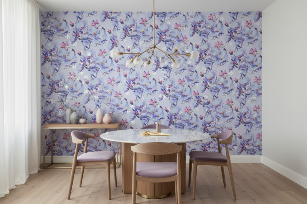 Papier peint aquarelle dragons fantaisistes et fleurs sur fond violet - Salle à manger