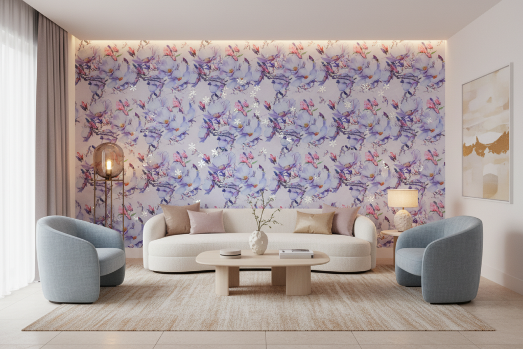 Papier peint aquarelle dragons fantaisistes et fleurs sur fond violet - Salon / Séjour