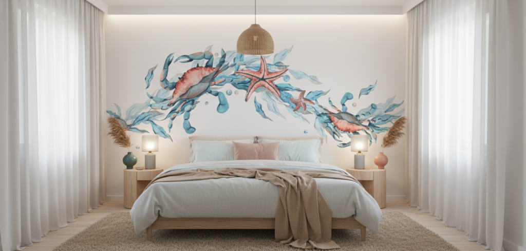 Papier peint aquarelle faune marine crabe étoile de mer - Chambre adulte