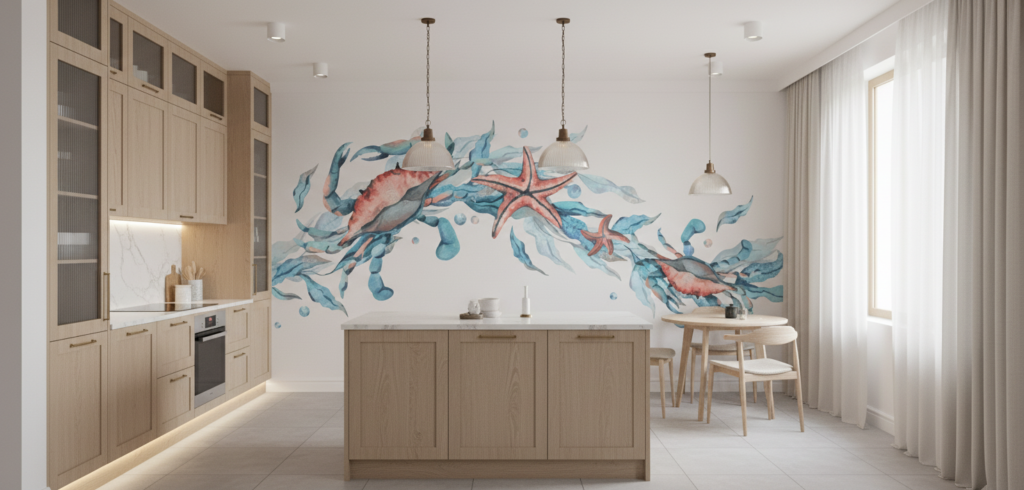 Papier peint aquarelle faune marine crabe étoile de mer - Cuisine