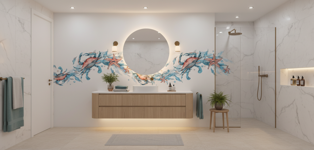 Papier peint aquarelle faune marine crabe étoile de mer - Salle de bain