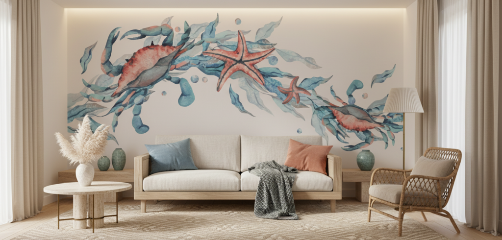 Papier peint aquarelle faune marine crabe étoile de mer - Salon / Séjour
