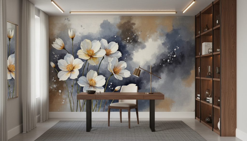Papier peint aquarelle fleurs blanches cosmos fond nuageux bleu - Bureau