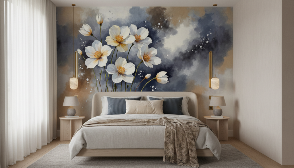 Papier peint aquarelle fleurs blanches cosmos fond nuageux bleu - Chambre adulte