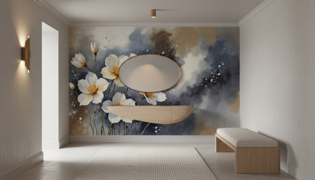 Papier peint aquarelle fleurs blanches cosmos fond nuageux bleu - Entrée