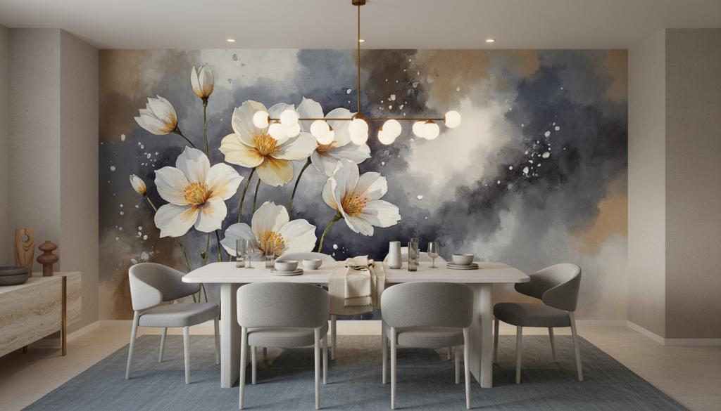 Papier peint aquarelle fleurs blanches cosmos fond nuageux bleu - Salle à manger