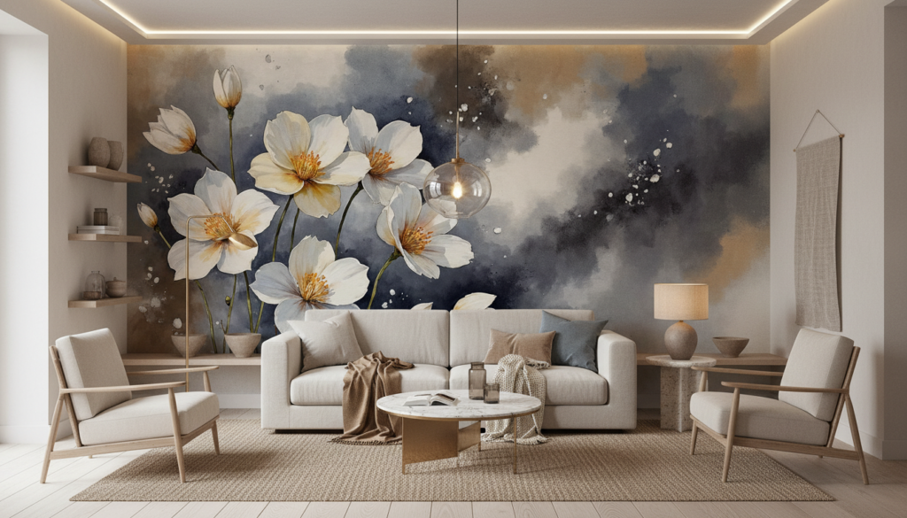 Papier peint aquarelle fleurs blanches cosmos fond nuageux bleu - Salon / Séjour