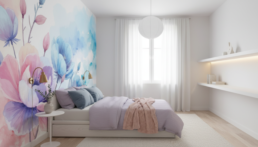 Papier peint aquarelle fleurs bleues et roses style romantique - Chambre ado