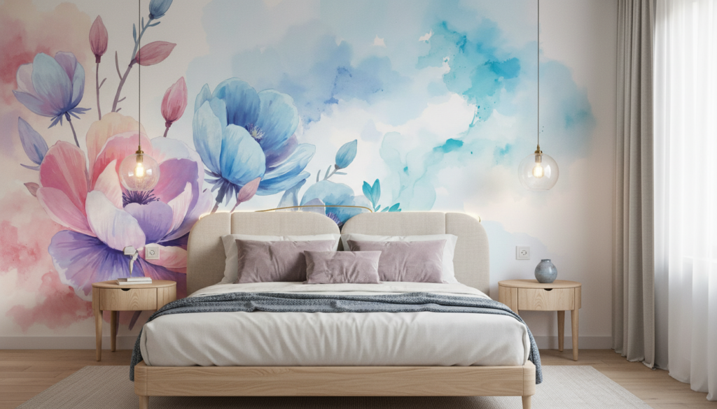 Papier peint aquarelle fleurs bleues et roses style romantique - Chambre adulte