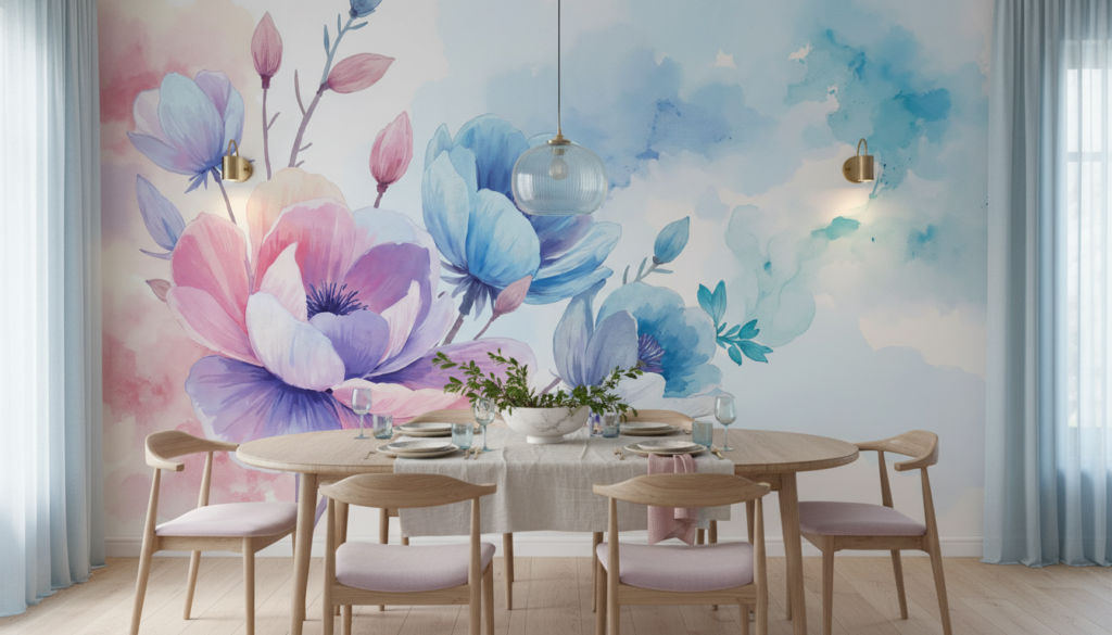 Papier peint aquarelle fleurs bleues et roses style romantique - Salle à manger